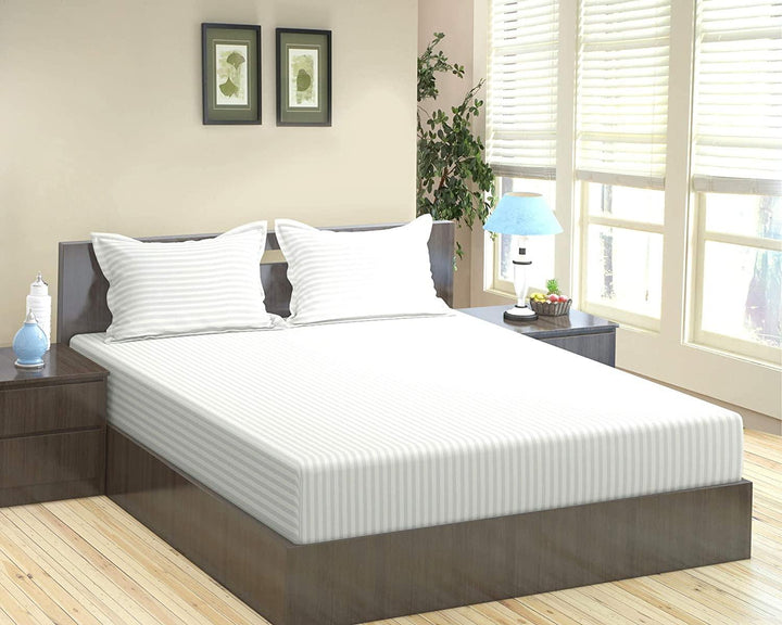 White Elegance Bedsheet Set – Premium Cotton Feel with Subtle Satin Stripes – Double Bed Size