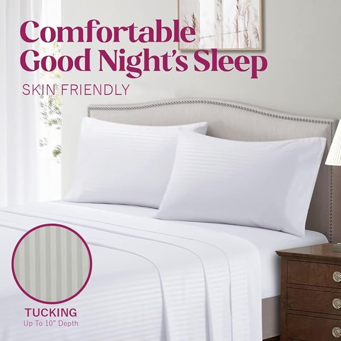 White Elegance Bedsheet Set – Premium Cotton Feel with Subtle Satin Stripes – Double Bed Size