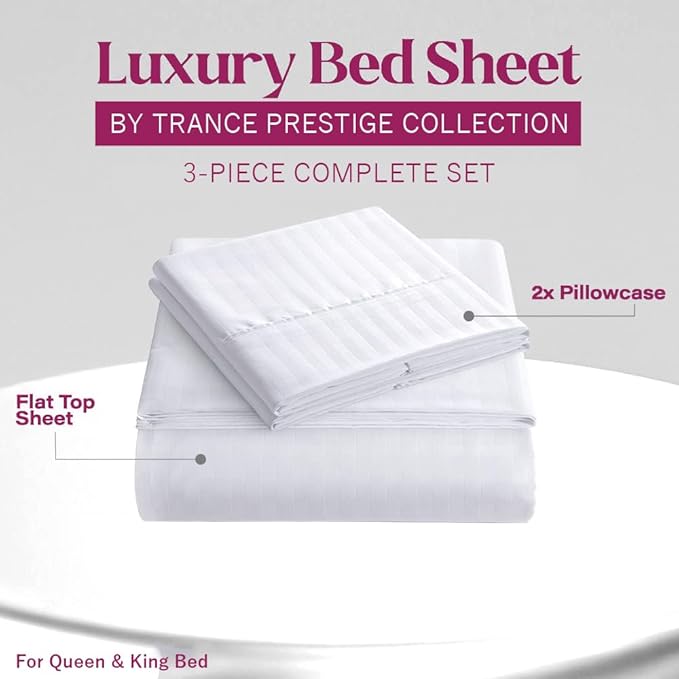White Elegance Bedsheet Set – Premium Cotton Feel with Subtle Satin Stripes – Double Bed Size