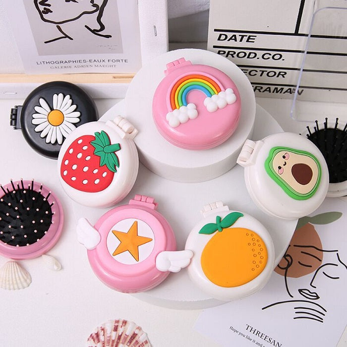 "Cartoon Printed Mini Mirror with Comb – Random Print, Portable Pocket Accessory ( Pack of 1 )