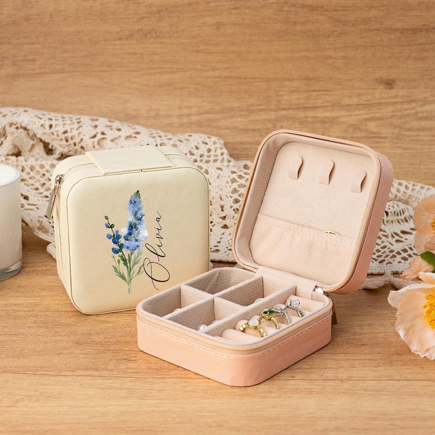 Customised Jewellery Box - Mini Travel Jewellery Box - Birthday Flower Print + Name