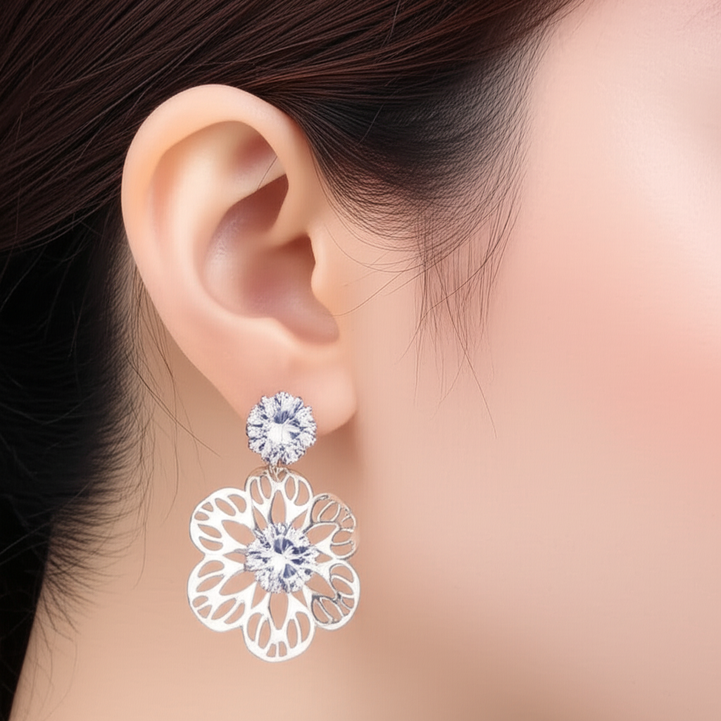 Elegant Flower Drop Earrings with Diamond – Floral Dangle Jewelry for Women, Party & Wedding Wear(Random color-1 Pair)