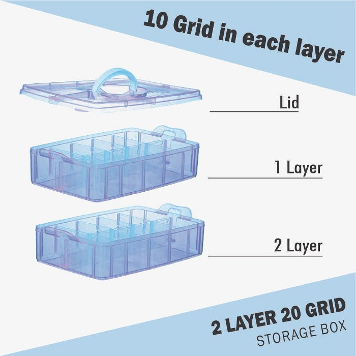 2 Layer 20 Grid Organizer Storage Box (Random Colour), Jewellery Craft Accessories Storage Box/Basket/Container with Collapsible and Removable Dividers, Cosmetic Vanity Box