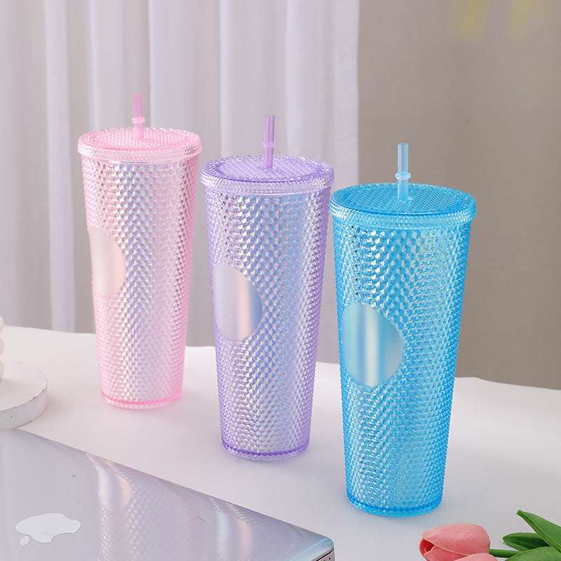 Diamond Cup Double-Layer Plastic Straw Cup with LED Light – 700 ml, Fun & Colorful Drinkware (Random Colors- Pack of 1)