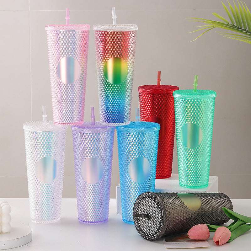 Diamond Cup Double-Layer Plastic Straw Cup with LED Light – 700 ml, Fun & Colorful Drinkware (Random Colors- Pack of 1)