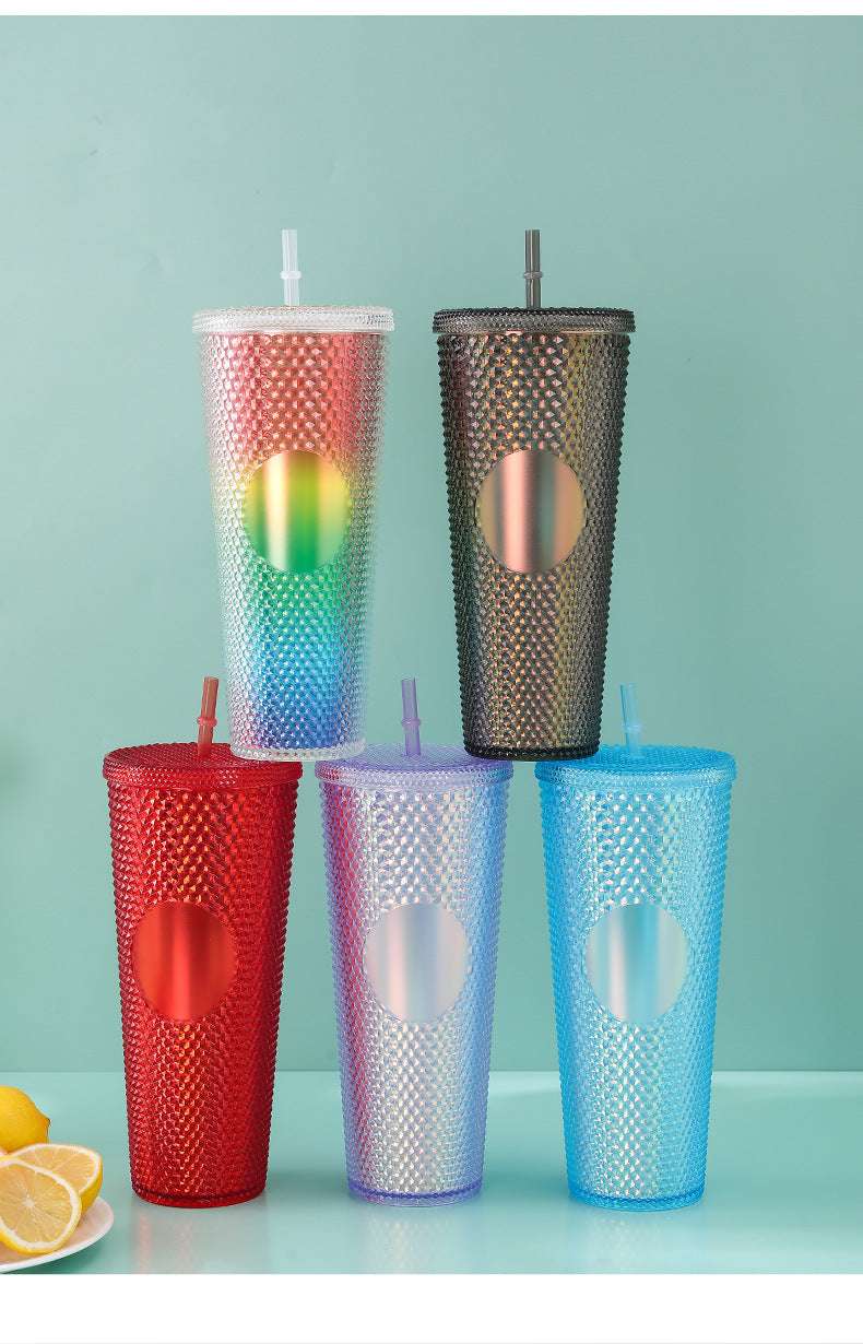 Diamond Cup Double-Layer Plastic Straw Cup with LED Light – 700 ml, Fun & Colorful Drinkware (Random Colors- Pack of 1)