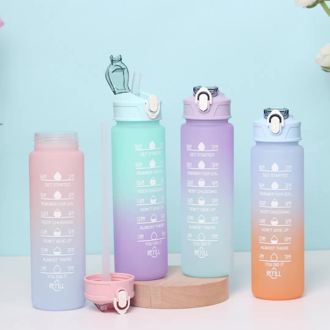 1000ml Motivational Water Bottle with Straw & Time Marker – Leak-Proof, BPA-Free Tritan Drink Bottle with 1-Click Open Lid for Gym, Running, School & Outdoor (Random Color-Pack of 1)