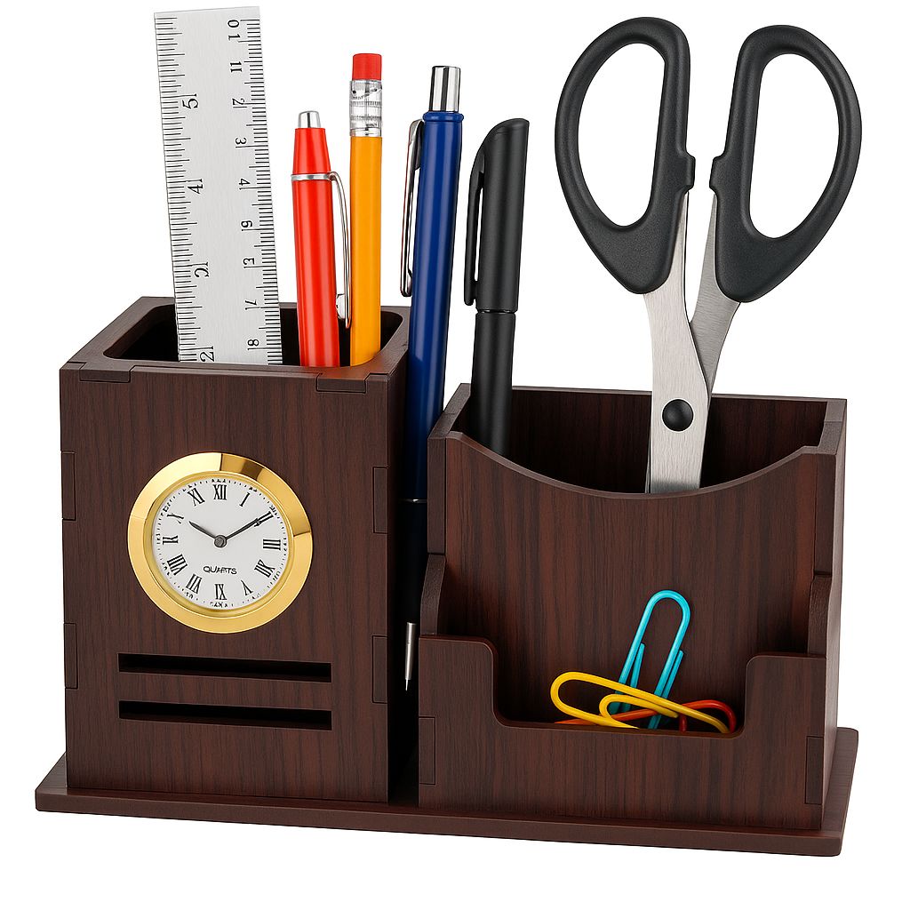 Wooden MDF Desktop Pen Stand with Clock & Card Holder – Office & Home Table Organizer (Pack of 1)