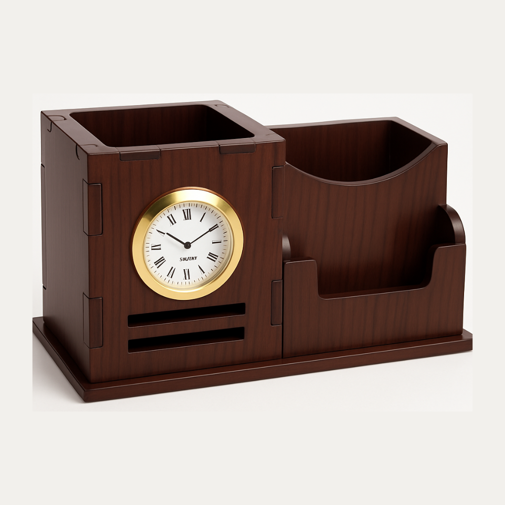 Wooden MDF Desktop Pen Stand with Clock & Card Holder – Office & Home Table Organizer (Pack of 1)