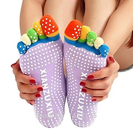 Yoga Gym Non-Slip Socks, Women Colorful Socks, Home, Kitchen Use Massage Toe Socks Full Grip Sports Exercise (1 Pair)