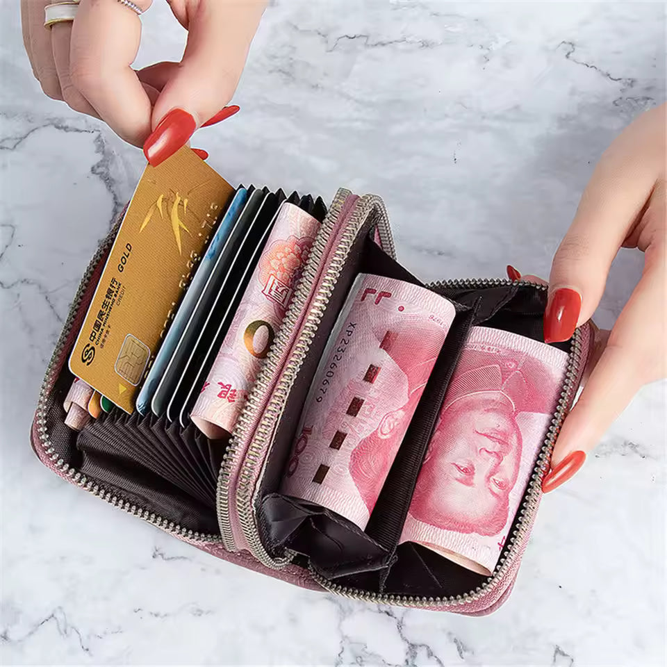 Women Wallet Small Short Credit Card Holder PU Leather Zipper Wallet (Random Color)