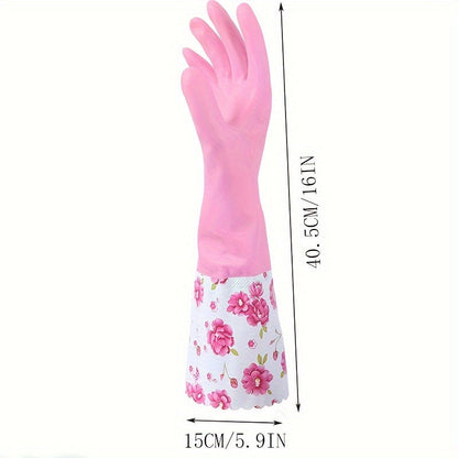 1 Pair Rubber Gloves for Kitchen, Dishwashing & Laundry - Long, Waterproof, Durable, PVC-Free, Warm Fleece Lined Cleaning Gloves, Dishwashing Gloves