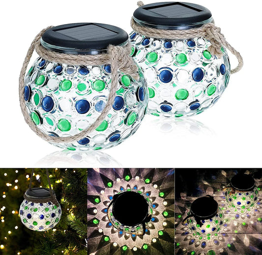 LED Solar Lanterns – Crackle Glass Ball Hanging Lights, Outdoor & Indoor Decorative Lighting (Pack of 2 Pcs )