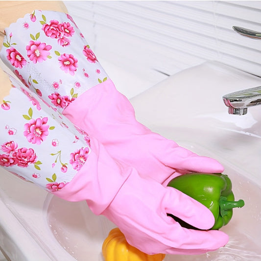 1 Pair Rubber Gloves for Kitchen, Dishwashing & Laundry - Long, Waterproof, Durable, PVC-Free, Warm Fleece Lined Cleaning Gloves, Dishwashing Gloves
