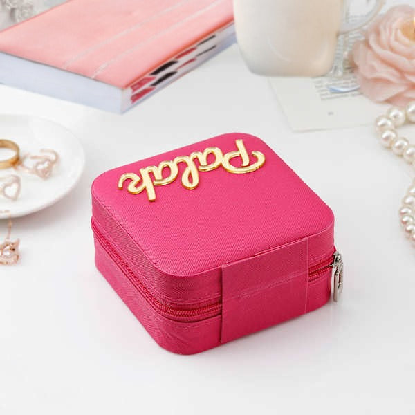 Customised Jewellery Box - Portable Mini Travel Jewellery Box - Acrylic Name - Dark Pink