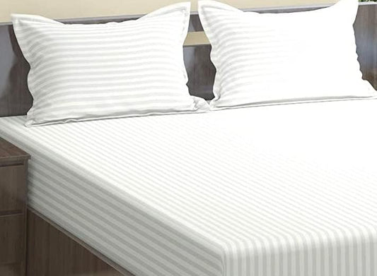 White Elegance Bedsheet Set – Premium Cotton Feel with Subtle Satin Stripes – Double Bed Size