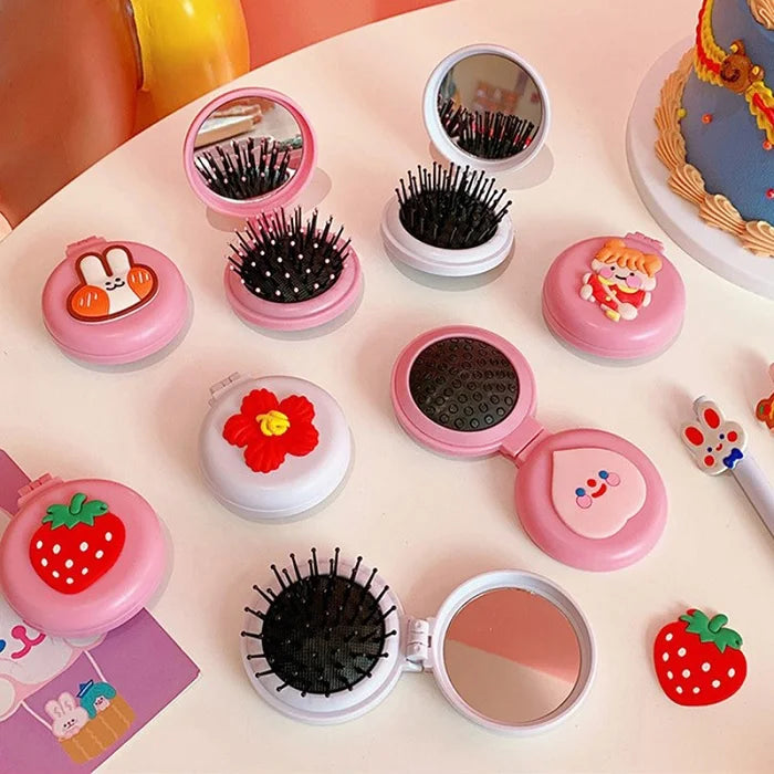 "Cartoon Printed Mini Mirror with Comb – Random Print, Portable Pocket Accessory ( Pack of  1 )