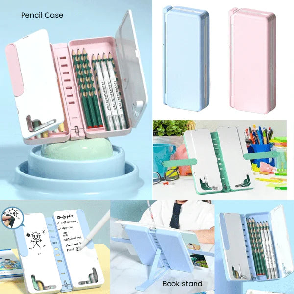 Foldable 4-in-1 Mobile, Tablet & Book Stand with Pencil Box – Compact & Multipurpose Organizer