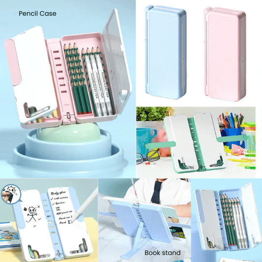 Foldable 4-in-1 Mobile, Tablet & Book Stand with Pencil Box – Compact & Multipurpose Organizer