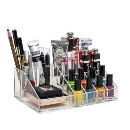16 Cavity Cosmetic Organiser, Plastic Makeup Organizer, 16 Compartment Makeup Jewellery Lipstick Storage Box and Nail Paint Stand Transparent Holder ( Pack of 1 )