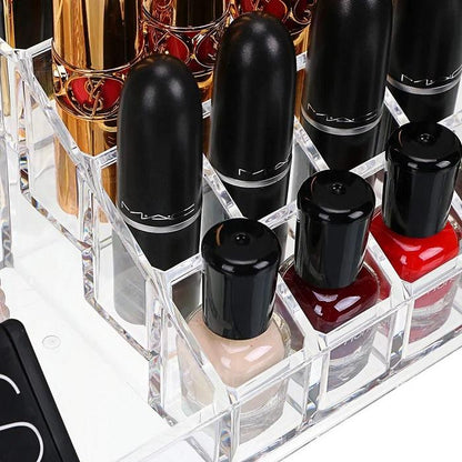 16 Cavity Cosmetic Organiser, Plastic Makeup Organizer, 16 Compartment Makeup Jewellery Lipstick Storage Box and Nail Paint Stand Transparent Holder ( Pack of 1 )