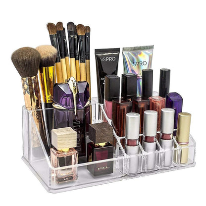 16 Cavity Cosmetic Organiser, Plastic Makeup Organizer, 16 Compartment Makeup Jewellery Lipstick Storage Box and Nail Paint Stand Transparent Holder ( Pack of 1 )