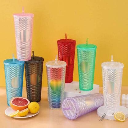 Diamond Cup Double-Layer Plastic Straw Cup with LED Light – 700 ml, Fun & Colorful Drinkware (Random Colors- Pack of 1)