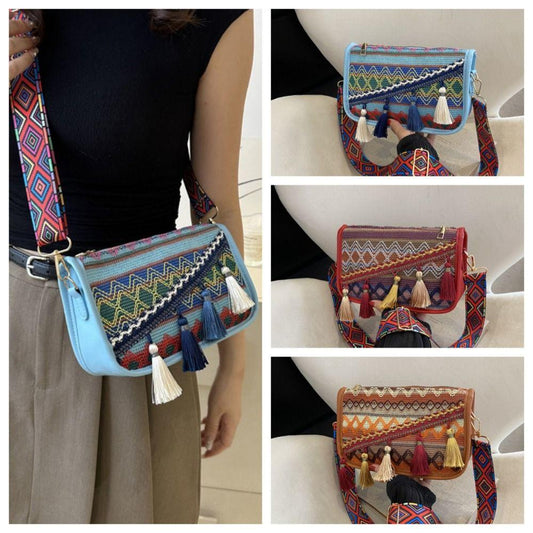 Ethnic Style Boho Tassel Crossbody Bag for Women Vintage Woven Embroidery Messenger Bag Female Shoulder Bags