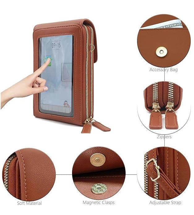 Anti-Theft PU Leather Crossbody Bag for Women — Touch-Screen Phone Pocket, Wallet Style, Adjustable Strap, Everyday Secure Shoulder Bag