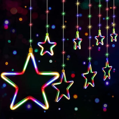 Multicolor LED Neon Star Curtain String Light| 9 Neon Stars (5 Big & 4 Small Stars)