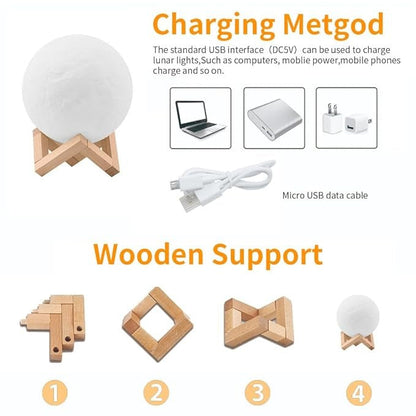 Tap-Control 3D Moon Lamp with Color-Changing Lights – USB Rechargeable Lunar Night Light for Romantic, Kids & Ambient Lighting