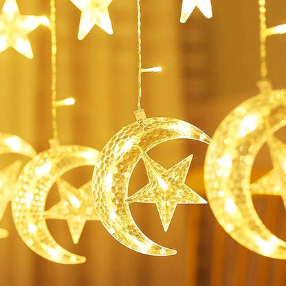 LED Star and Moon Curtain String Lights for Home Decoration | Warm White Hanging Fairy Lights for Bedroom, Festival, Kids Room & Party Backdrop – 12 Stars + 6 Moons